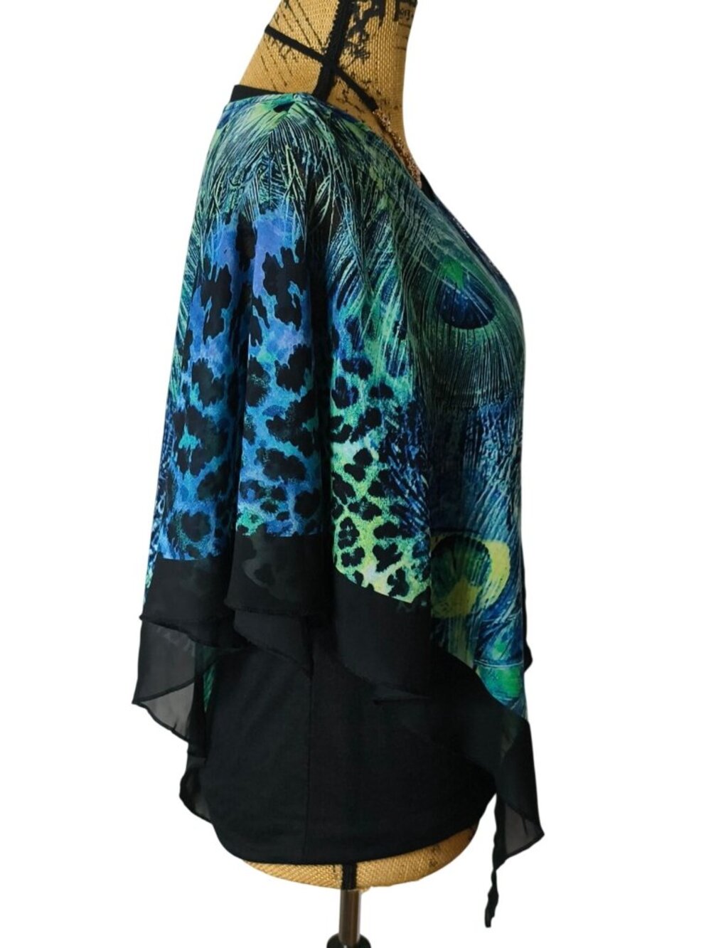 BLEU Womens S Poncho Blouse Peacock Feather Sheer Asymmetrical Psychedelic Boho - Picture 4 of 6